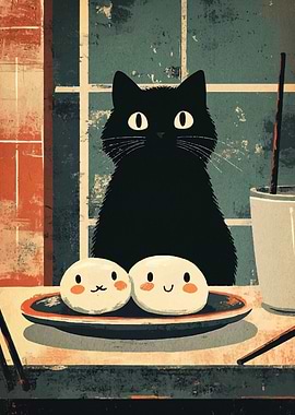 Black Cat and Mochi Illustration