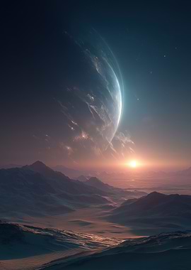 Exoplanet Landscape with Rising Sun