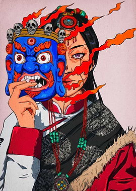 Tibetan Woman with Mask Digital Art