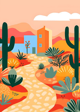 Desert Landscape Illustration with Buildings