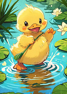 Cute Duckling in Pond Illustration
