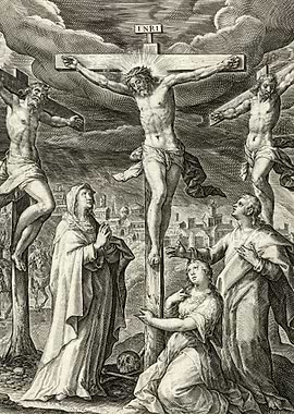 Crucifixion Engraving with Mourners and City