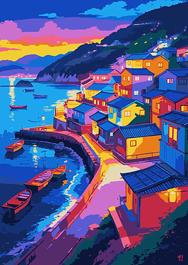 Colorful Coastal Village at Sunset