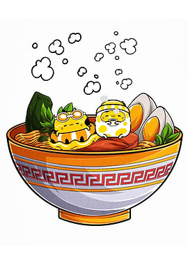 Cartoon Cats in Ramen Bowl Illustration