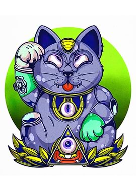 Cyberpunk Maneki Neko with All-Seeing Eyes
