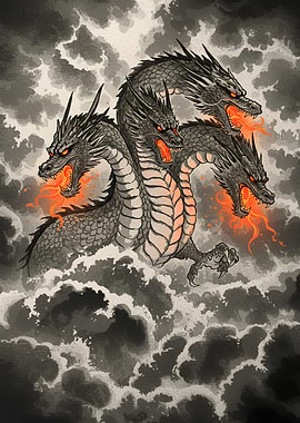 Three-Headed Dragon in Stormy Clouds