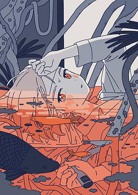 Anime Girl in Water with Fish