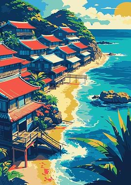 Coastal Village with Red-Roofed Houses