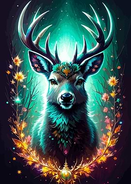 Mystical Deer Portrait with Floral Frame