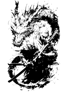 Samurai and Dragon Black and White Art