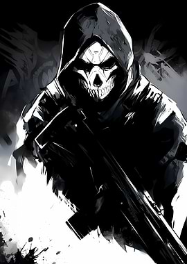 Skull-masked soldier with rifle in monochrome