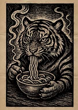Tiger Eating Ramen Woodcut Illustration