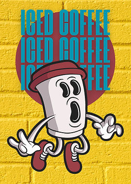 Iced Coffee Cartoon Character on Yellow Brick