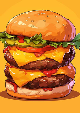 Cartoon Double Cheeseburger on Yellow Background