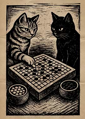Cats Playing Go Game Woodcut Print