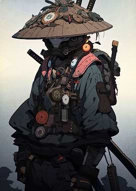 Cyberpunk Samurai Warrior with Straw Hat
