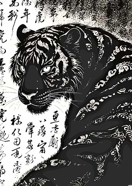 Tiger with Japanese Calligraphy Art