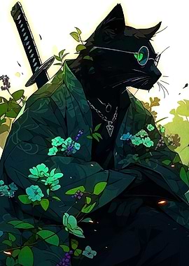 Samurai Cat with Glasses and Kimono