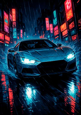 Car in Rainy Neon Cityscape