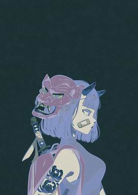 Anime Girl with Oni Mask and Sword
