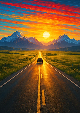Road to the Mountains at Sunset