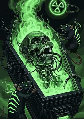 Radioactive Skull in Coffin with Rats
