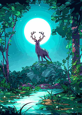 Deer in Moonlight Forest Illustration