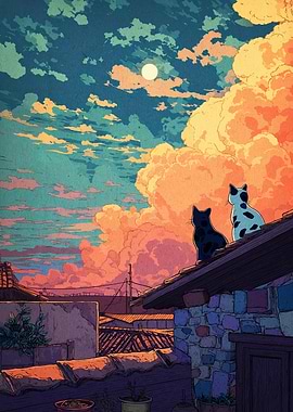 Cats on Rooftop at Sunset