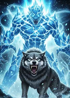 Ice Monster and Wolf Fantasy Art