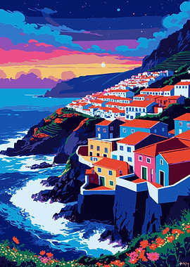 Coastal Village at Sunset Illustration