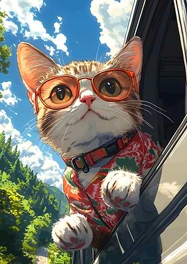 Cat in Car with Sunglasses
