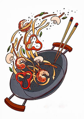 Wok with flying food illustration