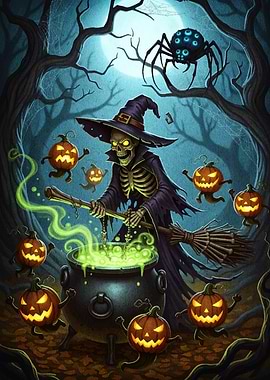 Halloween Witch Skeleton with Pumpkins