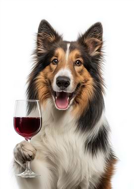 Collie Dog with Wine Glass