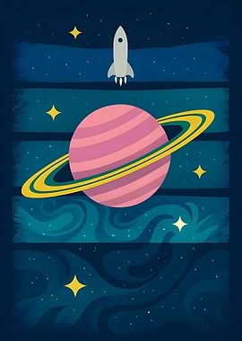 Retro Space Rocket and Planet Art