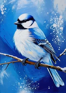 Blue Jay on Branch Winter Painting