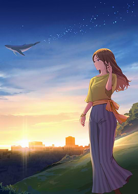 Dreamy Anime Girl with Whale in Sky