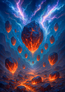 Floating Lava Rocks with Lightning Sky
