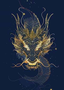 Golden Dragon Illustration on Dark Blue
