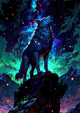 Wolf Howling at Starry Night Sky