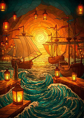 Stained Glass Harbor with Sailing Ships