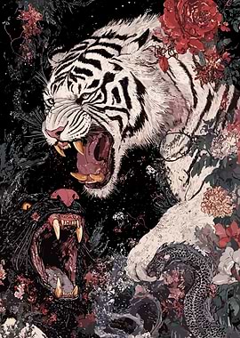 Roaring Tiger and Panther Floral Art