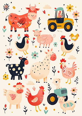 Cute Farm Animals and Tractor Illustration