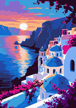Santorini Sunset Illustration