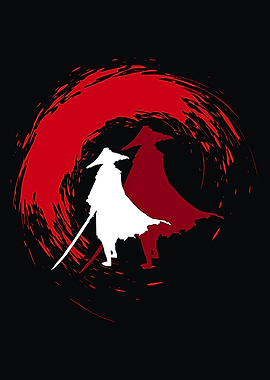 Samurai Silhouette with Red Brush Stroke