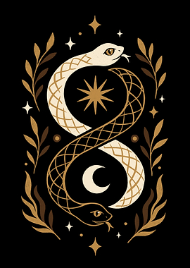 Ouroboros Snakes with Moon and Stars