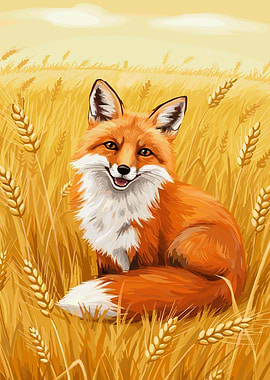 Fox in Wheat Field Illustration