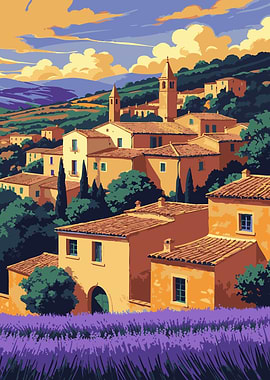 Picturesque Village Landscape with Lavender Field