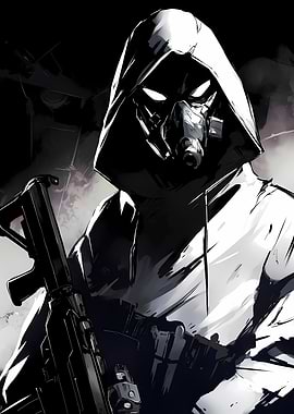 Hooded Figure with Gas Mask and Rifle