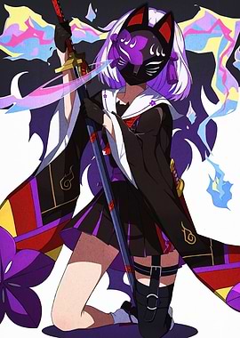Anime Girl with Fox Mask and Katana